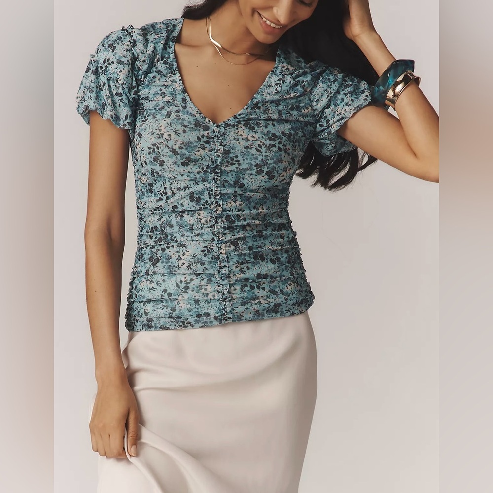 Anthropologie Short-Sleeve Blue Floral Print Shirred Mesh Top Pullover Blouse